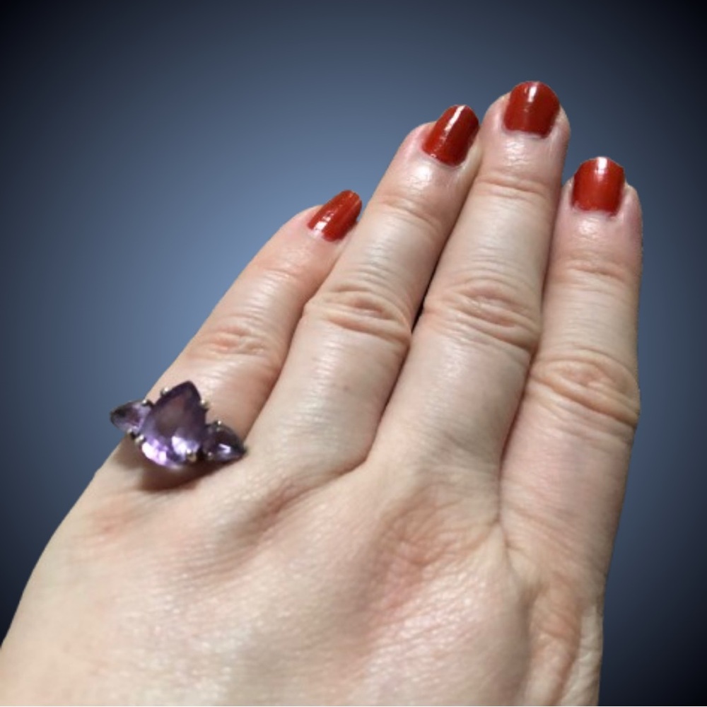 Vtg stamped signed sterling silver amethyst? triple stone cocktail ring 5.75